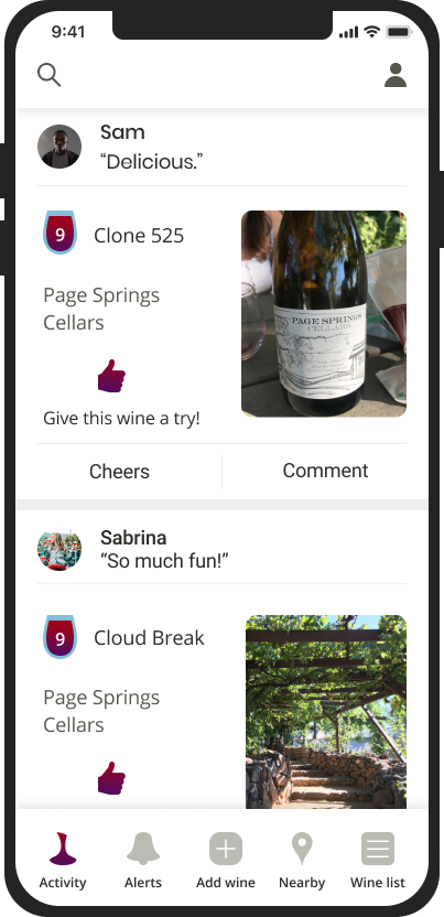 Wine app activity feed screen